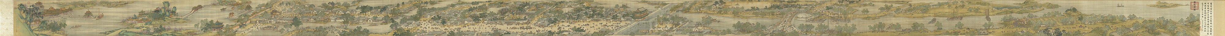 Oude handrol: Langs de rivier tijdens het Qingmingfestival, een remake uit de 18e eeuw van het origineel uit de 12e eeuw door de Chinese artiest Zhang Zeduan.