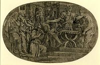 The Continence of Scipio: Scipio, in Roman armour, giving the woman back to her husband kneeling on the left. 1543 Etching after Giulio Romano