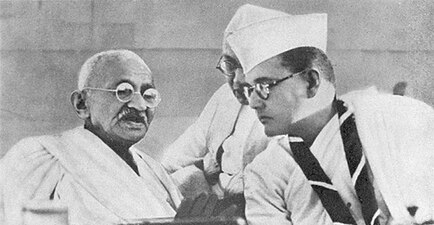 Congress president Bose with Mohandas K. Gandhi at the Congress annual general meeting 1938.