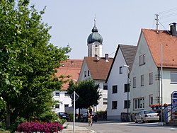 Main street in Buch with the Church of Saint Valentine