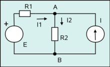 This circuit diagram can be interpreted as a drawing of a hypergraph in which four vertices (depicted as white rectangles and disks) are connected by three hyperedges drawn as trees. CircuitoDosMallas.png