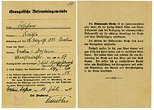 A so-called Red Card, designating one's affiliation with the Confessing Church in order to access any Confessing Church event, since all its events were banned by the Nazi government to be open for the public. Confessing Church.Document.Bekenntnisgemeinde.Mitgliedsdoku.jpg