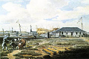 Naval shipyard, Point Frederick, July 1815. Watercolour by Emeric Essex Vidal. Commodore's house and two ships under construction, the Canada and the Wolfe, can be seen in the background