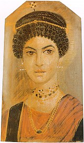 Fayum mummy portrait of a woman from Roman Egypt with a ringlet hairstyle. Royal Museum of Scotland. Fayum-11.jpg