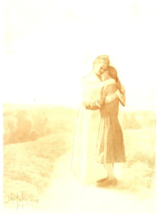 A pamphlet reprint of John Hafen's painting, depicting a mother figure hugging a daughter figure while standing in the middle of a path that cuts through a verdant field under a clear sky. Hafen painted this as an illustration of the hymn "O My Father", by Eliza R. Snow, which describes humanity having "a Mother There" in heaven, a divine companion to God the Father.