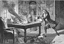 An 1874 engraving showing a probably apocryphal account of Newton's lab fire. In the story, Newton's dog started the fire, burning 20 years of research. Newton is thought to have said: "O Diamond, Diamond, thou little knowest the mischief thou hast done." Isaac Newton laboratory fire.jpg