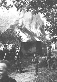 Italian soldiers burning a village in Cabar in the Independent State of Croatia in 1941. Italians burning villages in Croatia.jpg