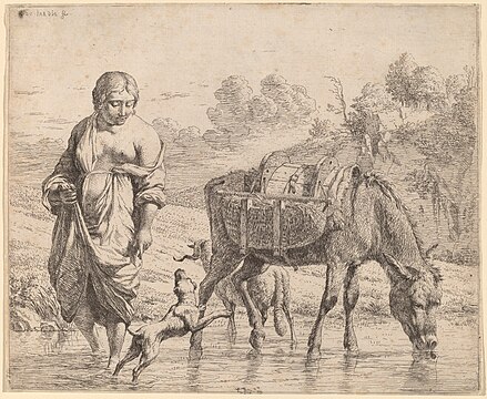 Paysanne, âne, chien, et bélier traversant un gué, entre 1652 et 1659