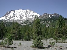 Lassen Peak in the California Cascades. Southernmost volcano in the Cascade Range and part of Lassen Volcanic National Park Lassen Peak and Crescent Crater (15299274301).jpg