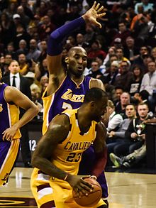 Kobe Bryant defending LeBron James in a February 2016 game between the Los Angeles Lakers and the Cleveland Cavaliers LeBron James vs. Kobe Bryant (24848589252).jpg