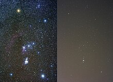 The constellation Orion, imaged at left from dark skies, and at right from within the Provo/Orem, Utah metropolitan area. Light pollution It's not pretty.jpg