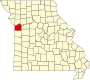 Harta statului Missouri indicând comitatul Jackson