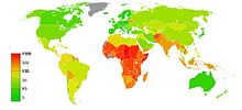 Global maternal mortality rate per 100 000 live births (2010) Maternal mortality rate worldwide.jpg