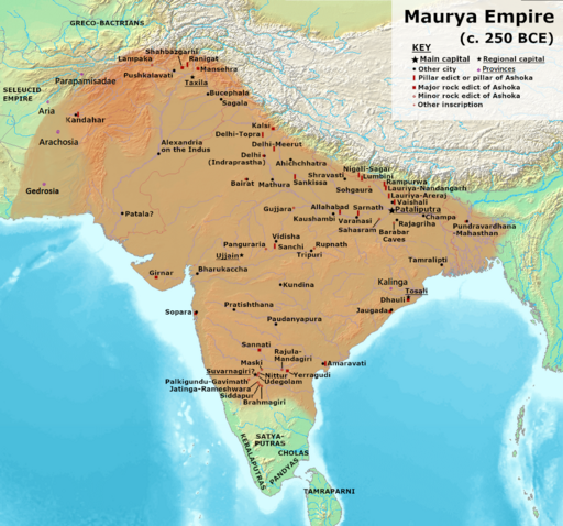 Maximum extent of the Maurya Empire, as proposed by the location of Ashoka's inscriptions, and visualized by historians: Vincent Arthur Smith;[7] R. C. Majumdar;[8] and historical geographer Joseph E. Schwartzberg.[9]