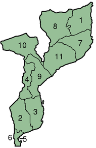 Mappa del Mozambico con le province in evidenza