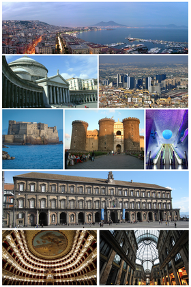 Từ trên xuống dưới, từ trái sang phải: (1) Toàn cảnh phố cảng Mergellina, khu Chiaia và núi Vesuvius; (2) Quảng trường Plebiscito; (3) Quang cảnh cụm tòa nhà chọc trời quận trung tâm tài chính; (4) Lâu đài Trứng; (5) Lâu đài Mới; (6) Nhà ga tàu điện ngầm Toledo; (7) Cung điện hoàng gia Napoli; (8) Nhà hát San Carlo; (9) Nhà triển lãm Umberto I