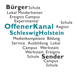 Das Logo des Offenen Kanals Schleswig-Holstein zeigt die Umrisse des Bundeslandes und darin in verschiedenen Schriftgrößen Schlagwörter, die die Angebote des Offenen Kanals beschreiben, mit denen er die Medienkompetenz seiner Nutzerinnen und Nutzer fördern möchte.