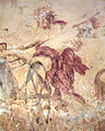 Detail from the vergina tomb, given as an example of skiagraphia by Britannica. The original article points to the hatched, colored lines of the drapery to create shade.