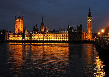 The Palace of Westminster at night seen from t...