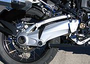 A shaft final drive is housed within a rear swingarm of a BMW R1200GS