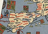 Ano 1492. Fragmento do globo terrestre mais antigo que se conserva: o Erdapfel de Martin Behaim. O mapa divide a península entre Galicia e Hispania, outorgando uma bandeira quartelada com as armas do leão e do castelo, dando preferência ao leão na galega e ao castelo na hispana.