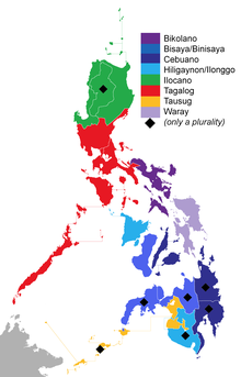 The indigenous (native) Philippine languages spoken around the country that have the largest number of speakers in a particular region with Tagalog being the largest. Note that on regions marked with black diamonds, the language with the most speakers denotes a minority of the population. Philippine languages per region.png