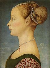 Portrait of a woman in profile, richly adorned with a bun