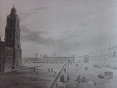Plaza Mayor of Mexico City by Pedro Guridi (c. 1850) shows the sun disk attached to the side of the cathedral tower, it was placed there in 1790 when it was discovered and remained on the tower until 1885