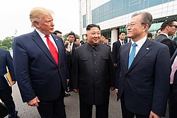 President Donald Trump with Chairman Kim Jong-un and President Moon Jae-in in Korean Demilitarized Zone, June 30, 2019