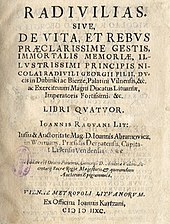 The title page of Radivilias (1592, Vilnius). The poem celebrating commander Mikalojus Radvila Rudasis (1512-1584) and recounts the famous victory of Lithuanian Armed Forces over Moscow troops (1564). Radivilias.jpg