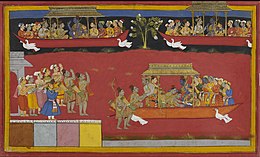 Rama being welcomed upon his return to Ayodhya in king Ravana's flying chariot Pushpaka Vimana Rama welcomed.jpg