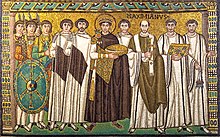 Under Justinian I, reigning in the 6th century, parts of Italy were for a few decades (re)conquered from the Ostrogoths: thus, this famous mosaic, featuring the Byzantine emperor in the center, can be admired at Ravenna. Sanvitale03.jpg