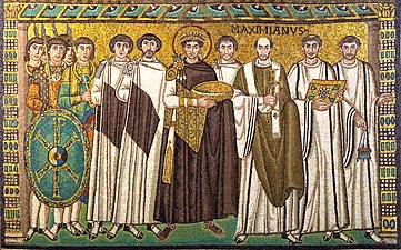 Mosaic of Justinian I with his court, circa 547–549, Basilica of San Vitale (Ravenna, Italy)[52]