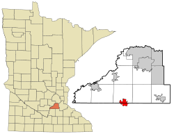 Location of the city of New Prague within شهرستان اسکات، مینه‌سوتا و شهرستان لو سوئور، مینه‌سوتا Counties in the state of مینه‌سوتا