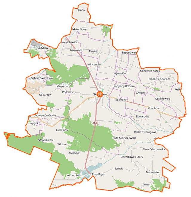 Mapa konturowa gminy Skaryszew, w centrum znajduje się punkt z opisem „Skaryszew”