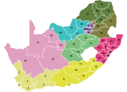 Ejemplo de territorio dividido por distritos, en este caso Sudáfrica, cada color identifica a una provincia