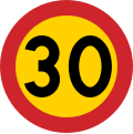 Swedish 30 km/h speed limit – the yellow background provides a contrast in case snow covers the background against which one perceives the road sign.[38]