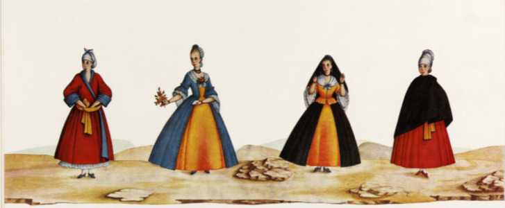 Vestits de dones del Brasil colonial; una dona vestida amb un quimão (quimono o túnica), dues dones amb vestits a l'estil europeu, i dona amb vestit i manta. Carlos Julião, segle xviii