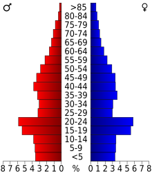 Schéma représentant la population du comté, par tranche d'âge. En rouge, à gauche, les femmes, en bleu à droite, les hommes.