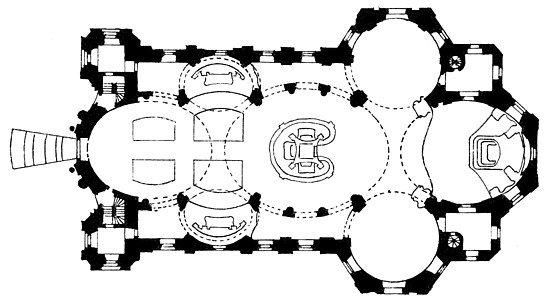 Plan of the Late Baroque Basilica of the Fourteen Holy Helpers by Balthasar Neumann, constructed between 1743 and 1772. The altar is in an oval in the center.
