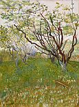 A field on an early spring day with several lightly blooming trees in the left and in the distance contrasted against a pale sky. To the right middle ground is a large single tree with several growing branches in early bloom. A rake leans against the tree-trunk.