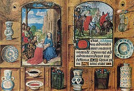 Getijdenboek van Engelbrecht van Nassau, fol. 145v-146r: De aanbidding door de wijzen en De terugreis van de wijzen met rechtsonder dezelfde apothekerspot als op het Portinari-altaar