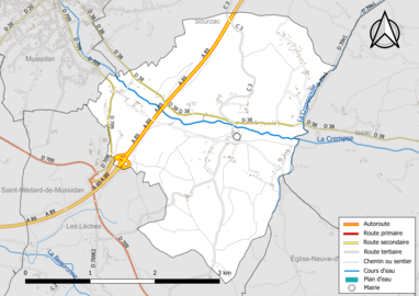 Carte en couleur présentant le réseau hydrographique de la commune