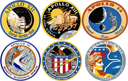 Apollo production crewed lunar landing mission patches. Click on a patch to read the main article about that mission. Apollo lunar landing missions insignia.png