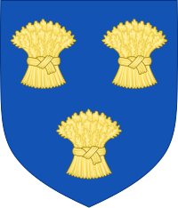 Hugh de Kevelioc used six wheatsheafs on his arms. His son Ranulf de Blondeville reduced their number to three, and this form has become an emblem of Cheshire generally, despite later earls bearing different arms. Blazon: Azure, three garbs (sheafs of wheat). Arms of Ranulf de Blondeville, 6th Earl of Chester (died 1232).svg