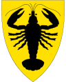 Brasão de armas do município de Aurskog-Høland (kommune), Noruega, "Or, a lobster haurient sable"