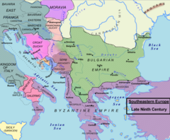 Engelskspråkig karta som visar sydöstra Europa omkring år 850.