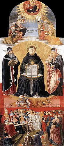 Triumph of St Thomas Aquinas (middle) by Benozzo Gozzoli (1471) Benozzo Gozzoli - Triumph of St Thomas Aquinas - WGA10334.jpg