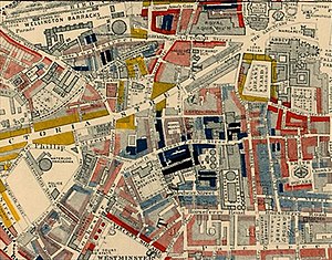 Part of Charles Booth's colour-coded poverty map, showing Westminster in 1889 - a pioneering social study of poverty that shocked the population. Booth map of Westminster.jpg