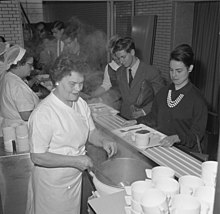 Photographie en noir et blanc. Des femmes en uniforme blanc servent les portions de nourriture sur les plateaux qu’étudiants et étudiantes font glisser devant elles sur un comptoir rainuré. Les étudiants sont en costume-cravate, les étudiantes sont élégamment vêtues.